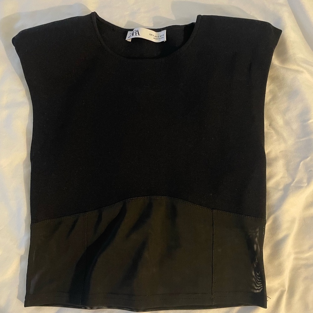Zara shoulder pad top with mesh mid torso